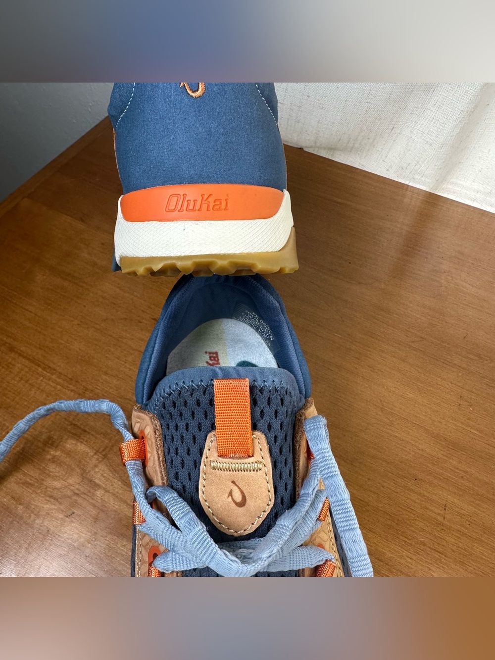 OluKai Women's Navy Blue and Tan Athletic Sneakers with Orange Accents - Picture 8 of 14
